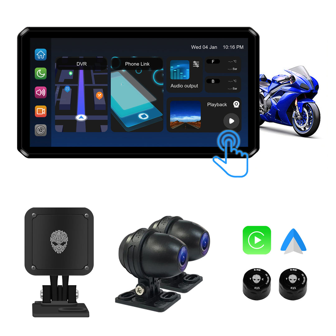 M2PRO Motorcycle Streaming Smart System,77G mmWave Radar Blind Spot Detection,Wireless Connectivity with CarPlay/Android Auto,Rear-View Streaming Lane Change Assist,1080P HD Dashcam,TPMS