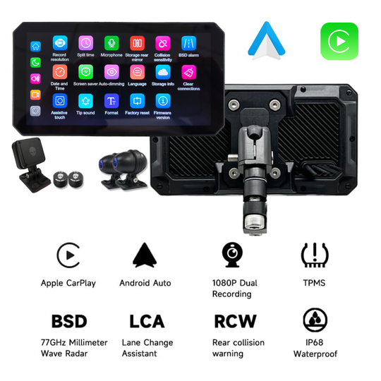 M2PRO Motorcycle Streaming Smart System,77G mmWave Radar Blind Spot Detection,Wireless Connectivity with CarPlay/Android Auto,Rear-View Streaming Lane Change Assist,1080P HD Dashcam,TPMS