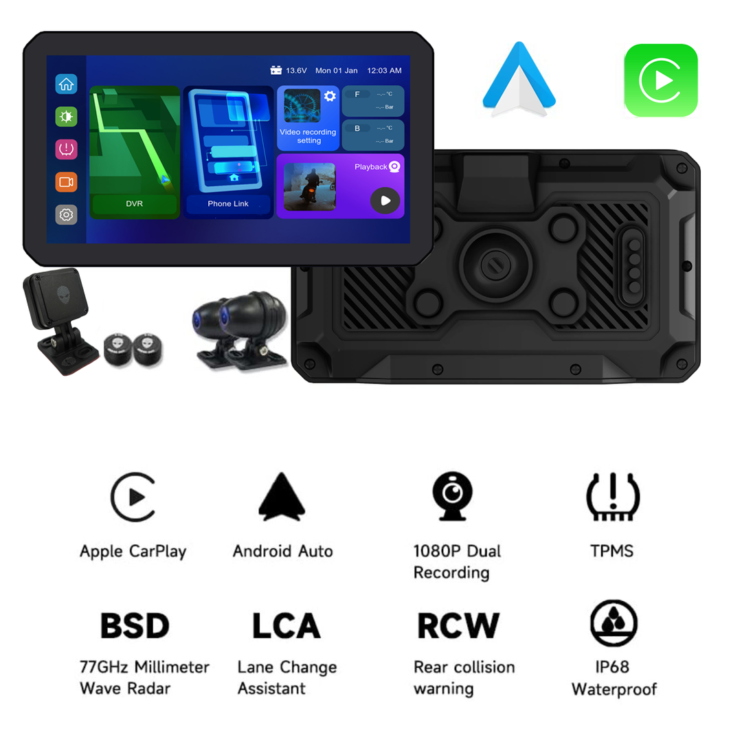 AlienRider M12S-200 Motorcycle Streaming Smart System,77G Millimeter-Wave Radar Blind Spot Warning,Wireless Connectivity CarPlay/Android Auto,Rearview Streaming Lane Assist,1080P HD Dashcam,TPMS