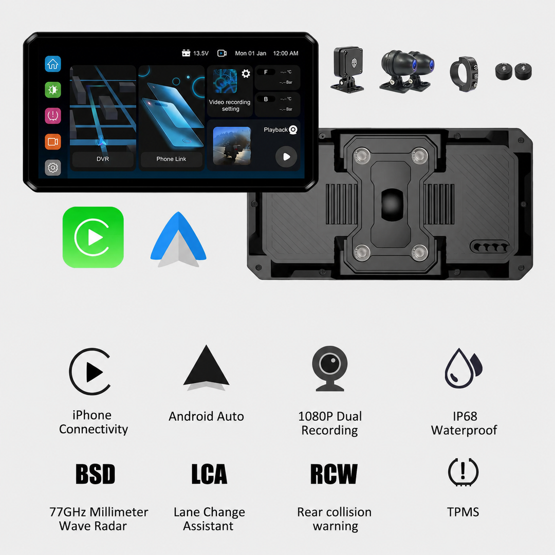 AlienRider M2S Motorcycle Streaming Smart System,77G mmWave Radar Blind Spot Detection,Wireless iPhone Connectivity/Android Auto,Rear-View Streaming Lane Change Assist,1080P HD Dashcam,TPMS