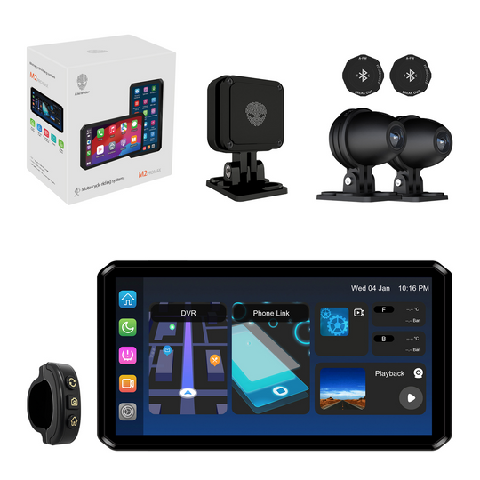 AlienRider M2Promax Motorcycle Streaming Smart System,77G mmWave Radar Blind Spot Detection,Wireless with CarPlay/Android Auto,Rear-View Streaming LCA,1080P,G-Sensor,TPMS(Host+Tpms+Cameras+Radar)