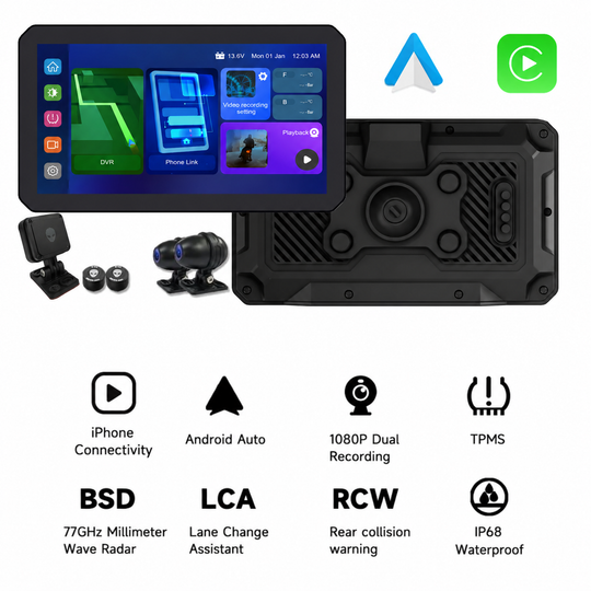 AlienRider M12S-201 Motorcycle Streaming Smart System,77G Millimeter-Wave Radar Blind Spot Warning,Wireless iPhone Connectivity/Android Auto,Rearview Streaming Lane Assist,1080P HD Dashcam,TPMS